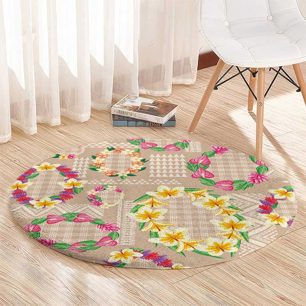 Hawaiian Kakau Tattoo Leis and Palaka Pattern Round Carpet Traditional Aloha Tribal Beige Color