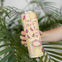 Hawaiian Kakau Tattoo Leis and Palaka Pattern Skinny Tumbler Traditional Aloha Tribal Beige Color