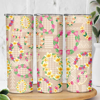 Hawaiian Kakau Tattoo Leis and Palaka Pattern Skinny Tumbler Traditional Aloha Tribal Beige Color