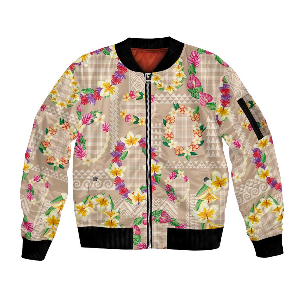 Hawaiian Kakau Tattoo Leis and Palaka Pattern Sleeve Zip Bomber Jacket Traditional Aloha Tribal Beige Color LT03 Unisex Beige - Polynesian Pride