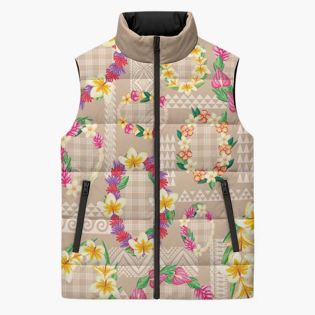 Hawaiian Kakau Tattoo Leis and Palaka Pattern Sleeveless Puffer Jacket Traditional Aloha Tribal Beige Color