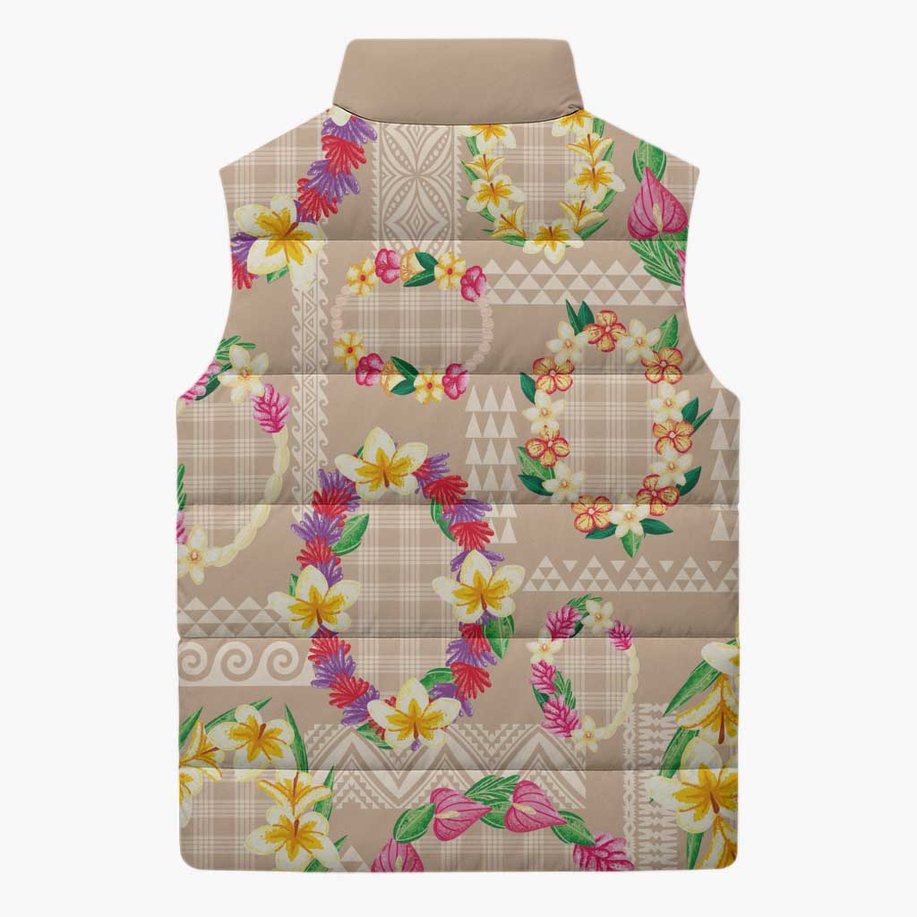 Hawaiian Kakau Tattoo Leis and Palaka Pattern Sleeveless Puffer Jacket Traditional Aloha Tribal Beige Color LT03 - Polynesian Pride