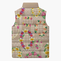 Hawaiian Kakau Tattoo Leis and Palaka Pattern Sleeveless Puffer Jacket Traditional Aloha Tribal Beige Color LT03 - Polynesian Pride