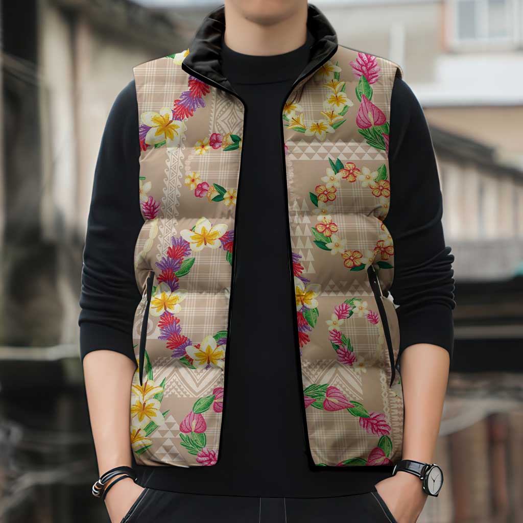 Hawaiian Kakau Tattoo Leis and Palaka Pattern Sleeveless Puffer Jacket Traditional Aloha Tribal Beige Color LT03 - Polynesian Pride