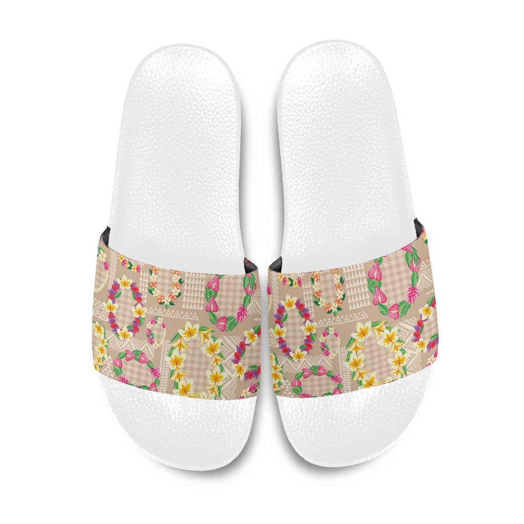 Hawaiian Kakau Tattoo Leis and Palaka Pattern Slide Sandals Traditional Aloha Tribal Beige Color