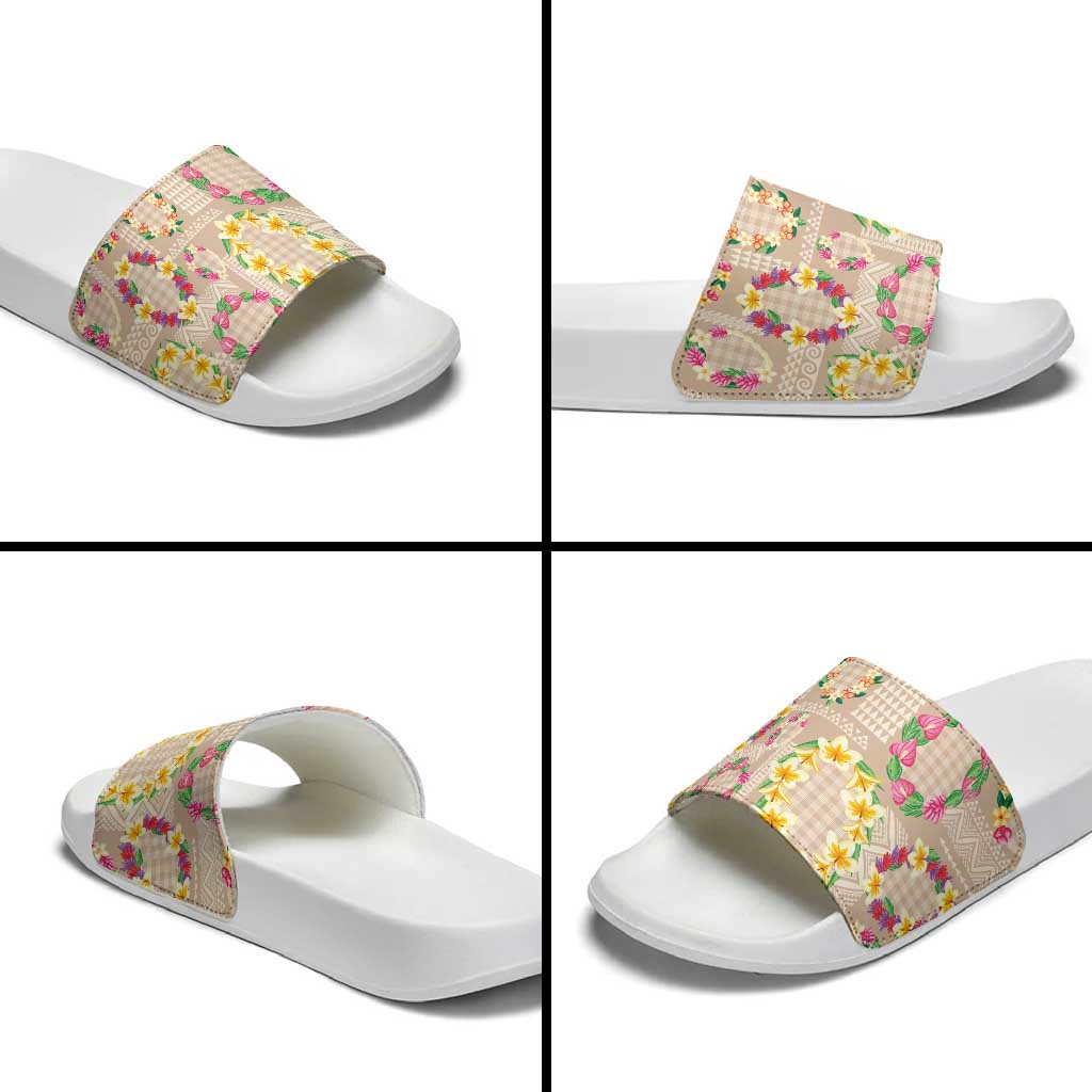 Hawaiian Kakau Tattoo Leis and Palaka Pattern Slide Sandals Traditional Aloha Tribal Beige Color