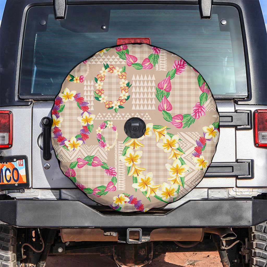 Hawaiian Kakau Tattoo Leis and Palaka Pattern Spare Tire Cover Traditional Aloha Tribal Beige Color
