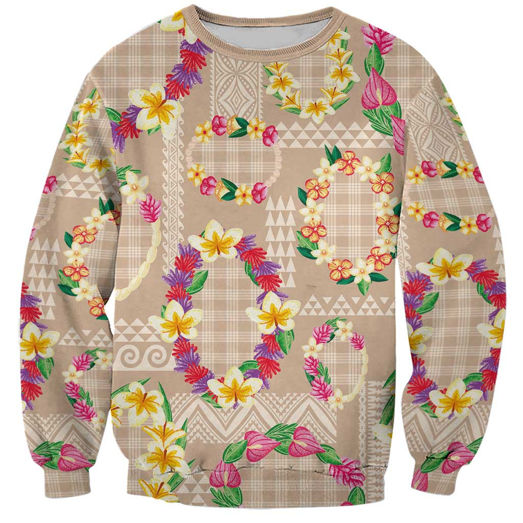 Hawaiian Kakau Tattoo Leis and Palaka Pattern Sweatshirt Traditional Aloha Tribal Beige Color