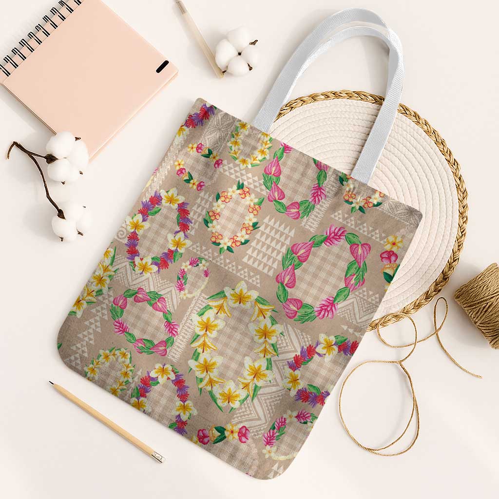 Hawaiian Kakau Tattoo Leis and Palaka Pattern Tote Bag Traditional Aloha Tribal Beige Color LT03 White Strap One Size Beige - Polynesian Pride