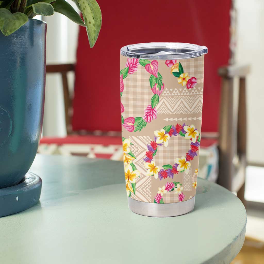 Hawaiian Kakau Tattoo Leis and Palaka Pattern Tumbler Cup Traditional Aloha Tribal Beige Color