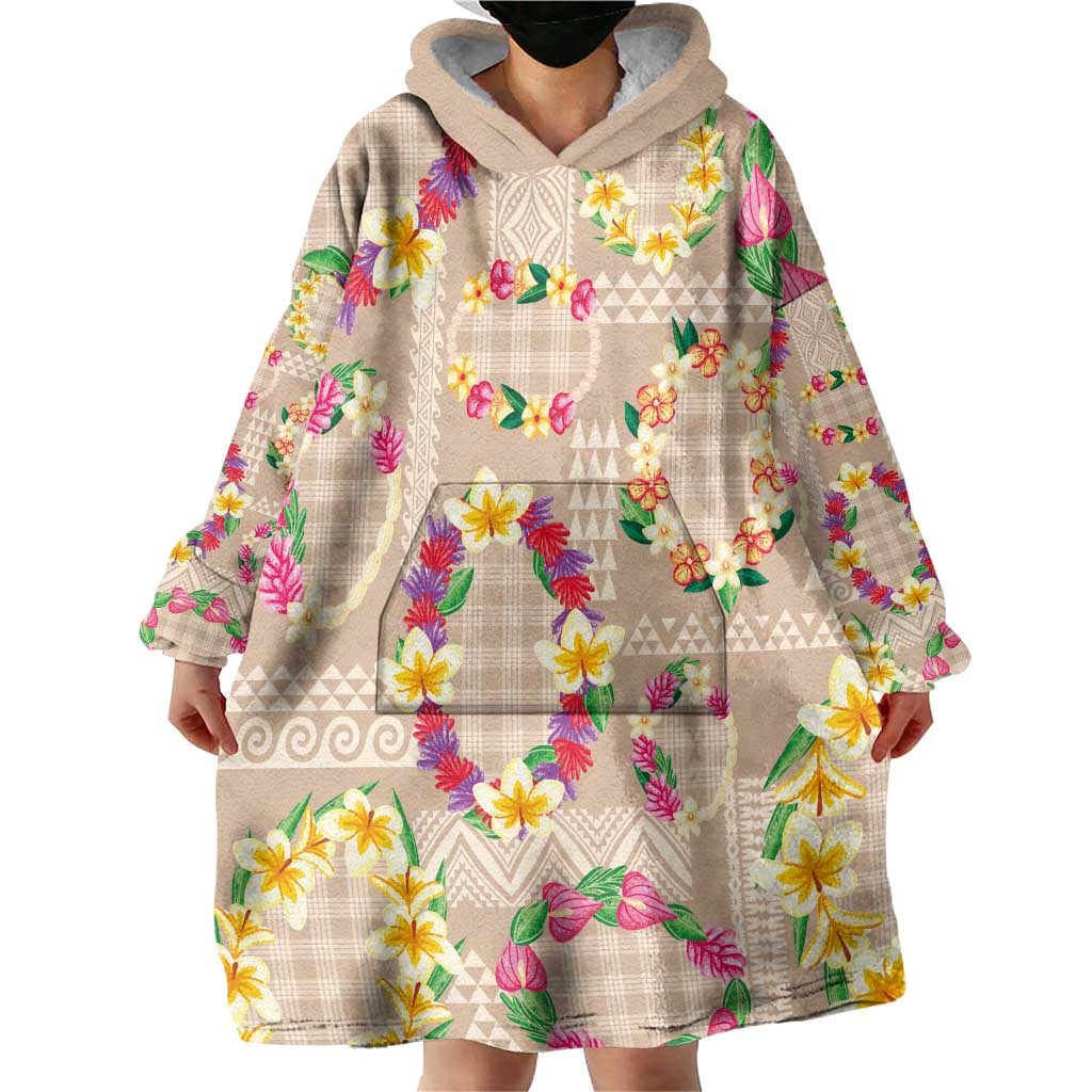 Hawaiian Kakau Tattoo Leis and Palaka Pattern Wearable Blanket Hoodie Traditional Aloha Tribal Beige Color