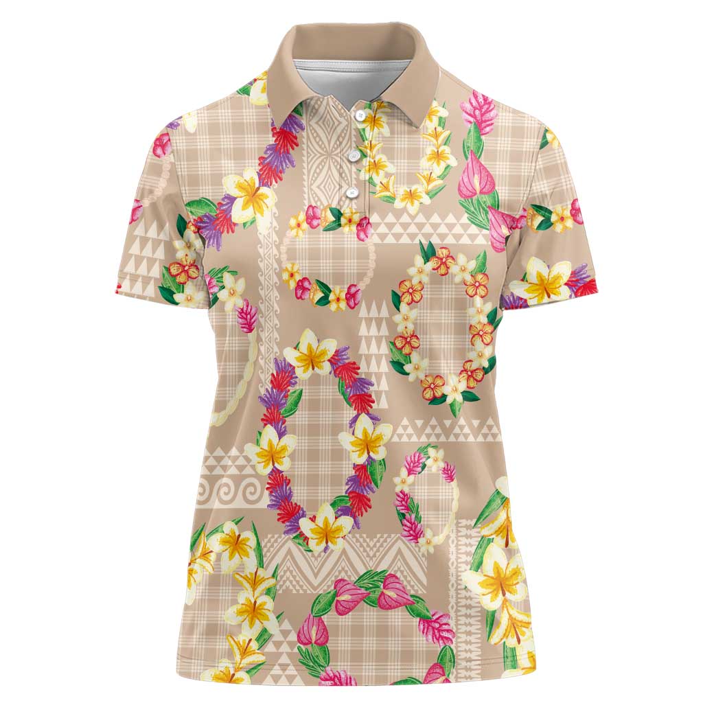 Hawaiian Kakau Tattoo Leis and Palaka Pattern Women Polo Shirt Traditional Aloha Tribal Beige Color