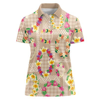 Hawaiian Kakau Tattoo Leis and Palaka Pattern Women Polo Shirt Traditional Aloha Tribal Beige Color