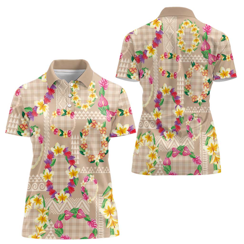 Hawaiian Kakau Tattoo Leis and Palaka Pattern Women Polo Shirt Traditional Aloha Tribal Beige Color