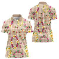 Hawaiian Kakau Tattoo Leis and Palaka Pattern Women Polo Shirt Traditional Aloha Tribal Beige Color