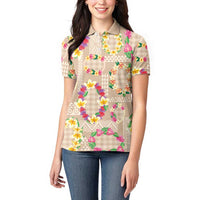 Hawaiian Kakau Tattoo Leis and Palaka Pattern Women Polo Shirt Traditional Aloha Tribal Beige Color