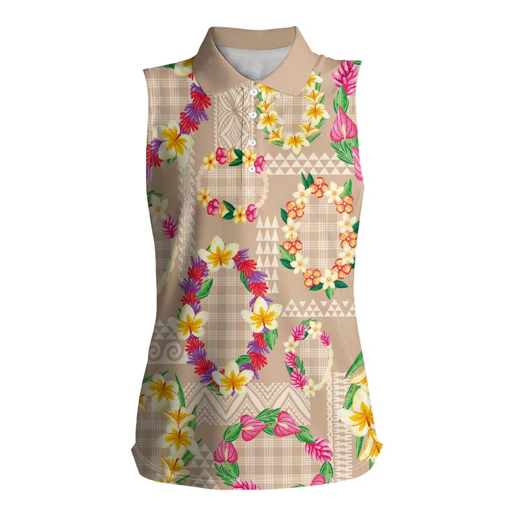 Hawaiian Kakau Tattoo Leis and Palaka Pattern Women Sleeveless Polo Shirt Traditional Aloha Tribal Beige Color