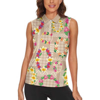 Hawaiian Kakau Tattoo Leis and Palaka Pattern Women Sleeveless Polo Shirt Traditional Aloha Tribal Beige Color