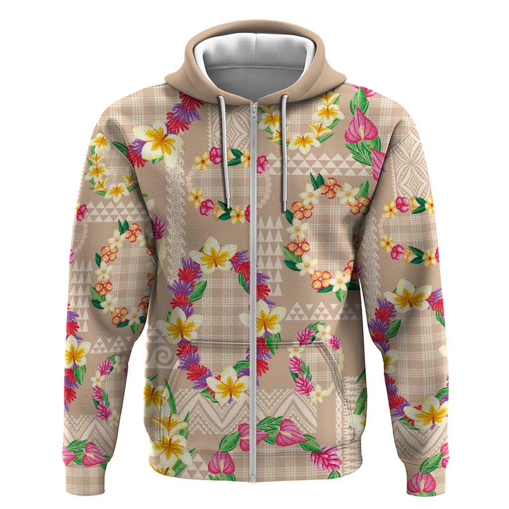 Hawaiian Kakau Tattoo Leis and Palaka Pattern Zip Hoodie Traditional Aloha Tribal Beige Color
