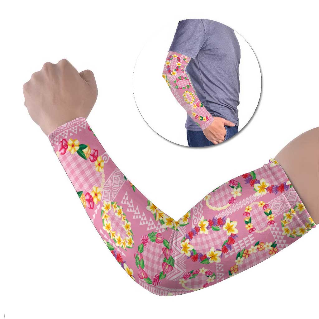 Hawaiian Leis Arm Sleeves Kakau Tattoos and Palaka Pastel Pink Color LT03 Set of 2 Pink - Polynesian Pride