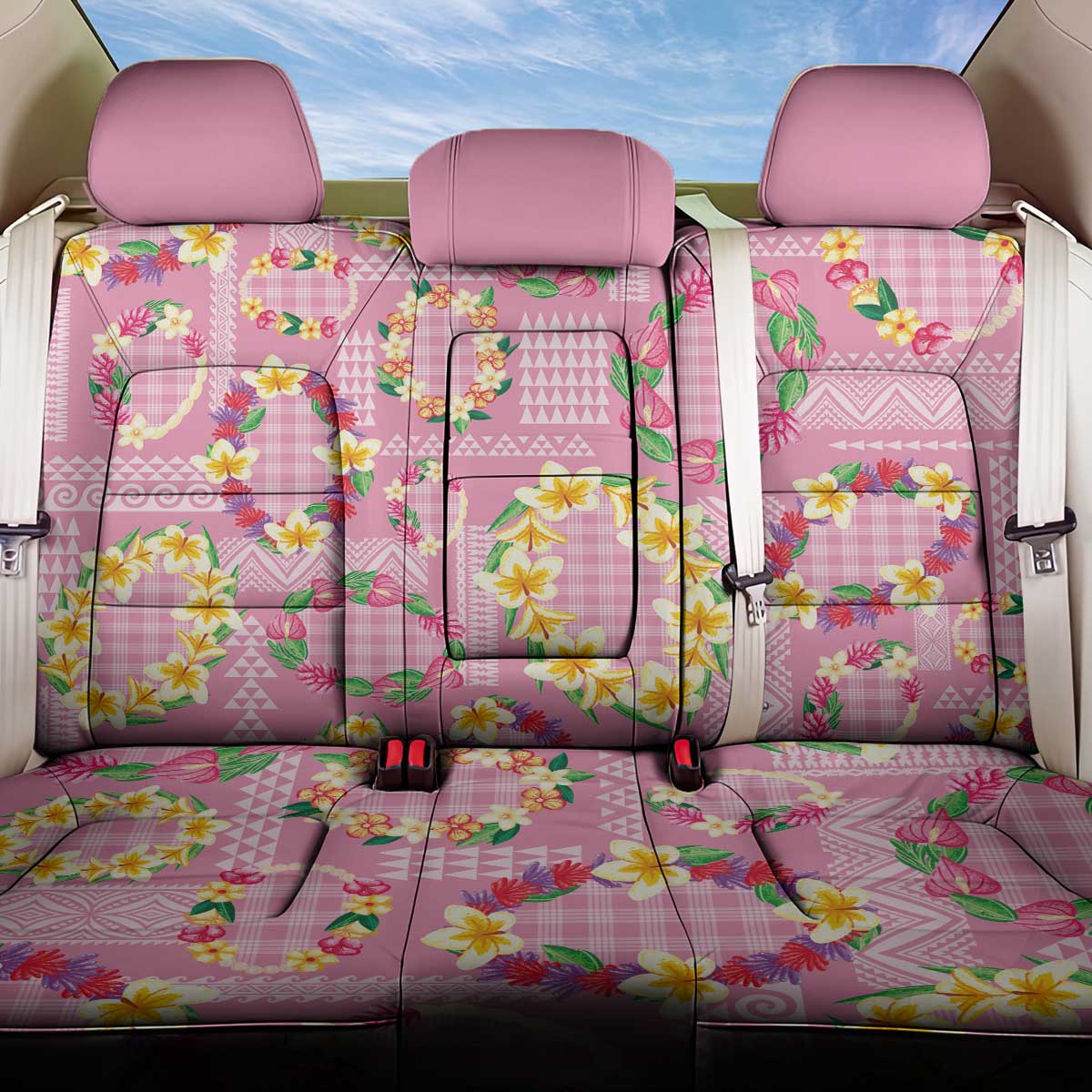 Hawaiian Leis Back Car Seat Cover Kakau Tattoos and Palaka Pastel Pink Color LT03 One Size Pink - Polynesian Pride