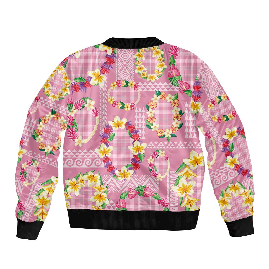 Hawaiian Leis Bomber Jacket Kakau Tattoos and Palaka Pastel Pink Color LT03 - Polynesian Pride