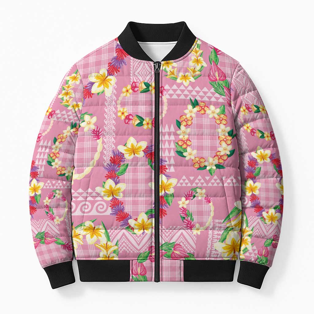 Hawaiian Leis Bomber Puffer Jacket Kakau Tattoos and Palaka Pastel Pink Color LT03 Unisex Pink - Polynesian Pride