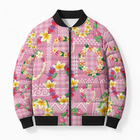 Hawaiian Leis Bomber Puffer Jacket Kakau Tattoos and Palaka Pastel Pink Color LT03 Unisex Pink - Polynesian Pride