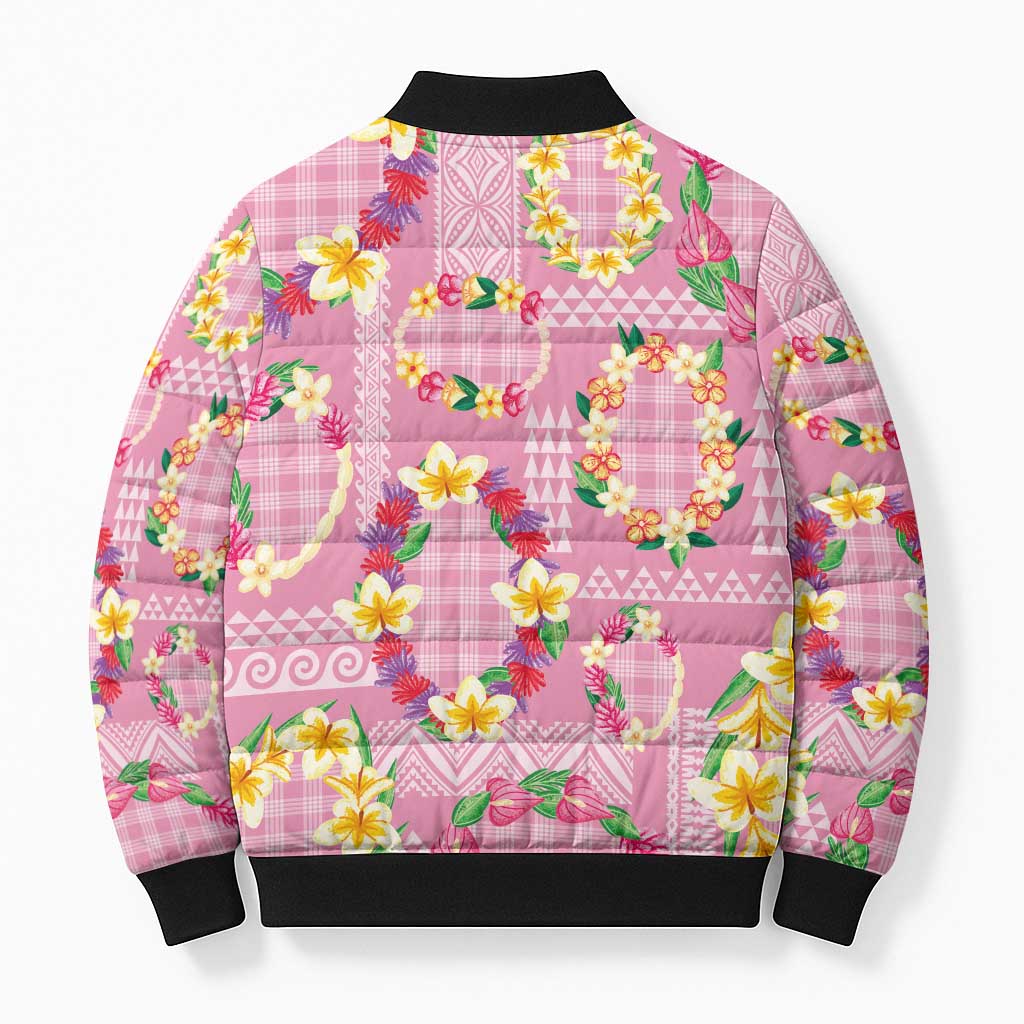 Hawaiian Leis Bomber Puffer Jacket Kakau Tattoos and Palaka Pastel Pink Color LT03 - Polynesian Pride
