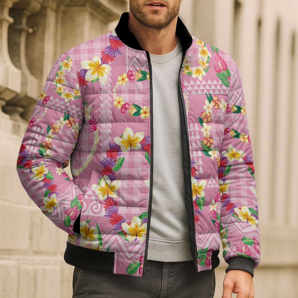 Hawaiian Leis Bomber Puffer Jacket Kakau Tattoos and Palaka Pastel Pink Color LT03 - Polynesian Pride