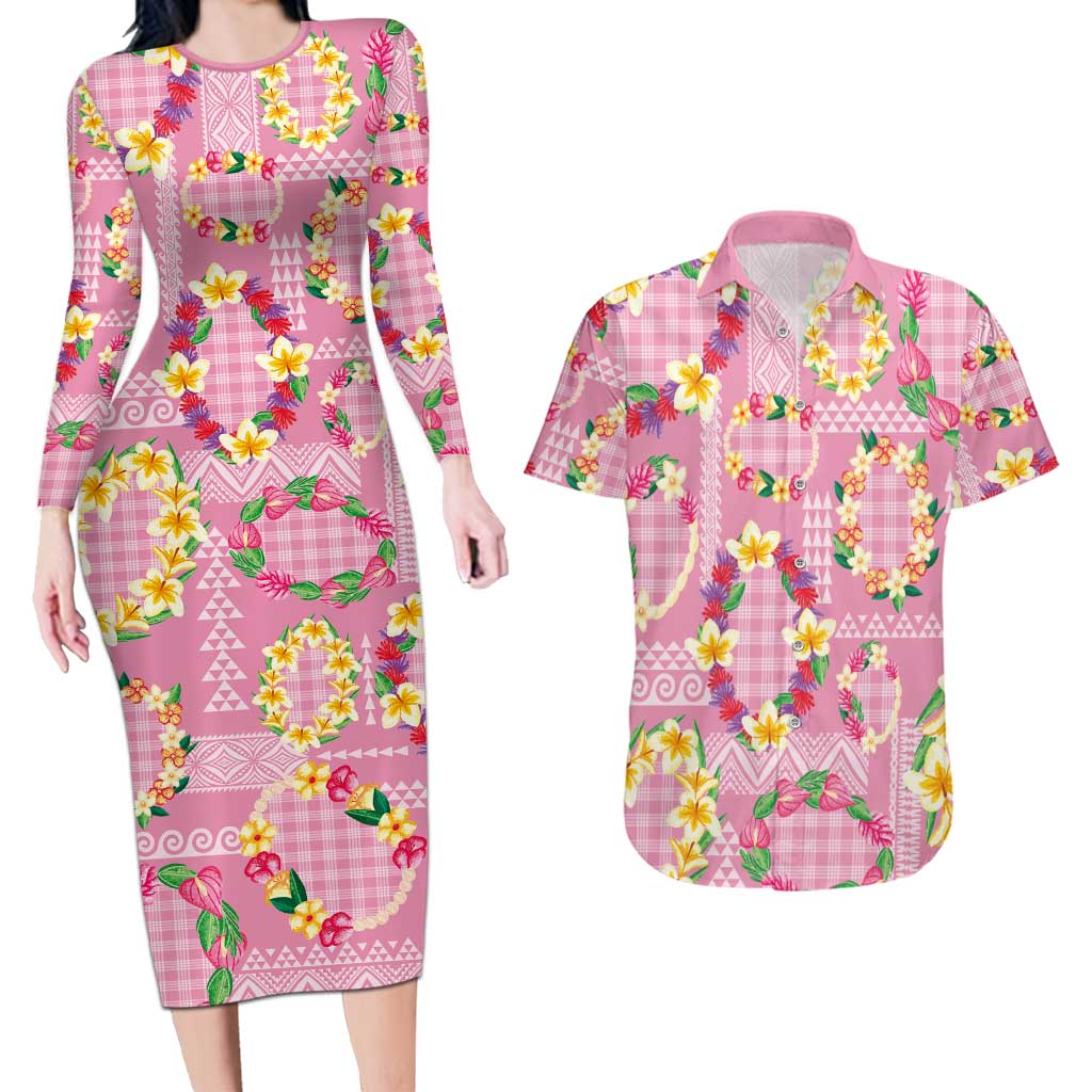 Hawaiian Leis Couples Matching Long Sleeve Bodycon Dress and Hawaiian Shirt Kakau Tattoos and Palaka Pastel Pink Color