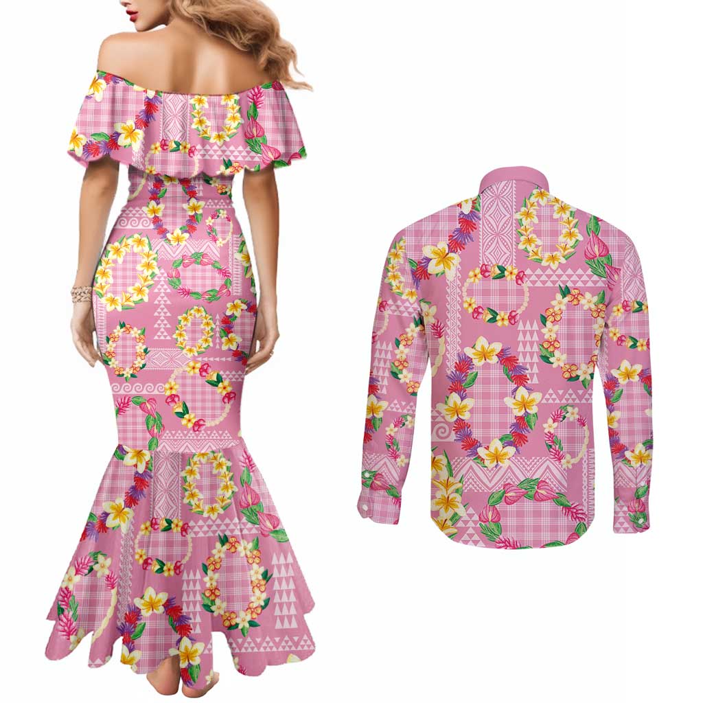 Hawaiian Leis Couples Matching Mermaid Dress and Long Sleeve Button Shirt Kakau Tattoos and Palaka Pastel Pink Color