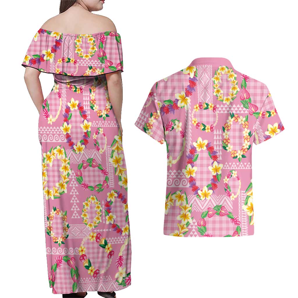 Hawaiian Leis Couples Matching Off Shoulder Maxi Dress and Hawaiian Shirt Kakau Tattoos and Palaka Pastel Pink Color