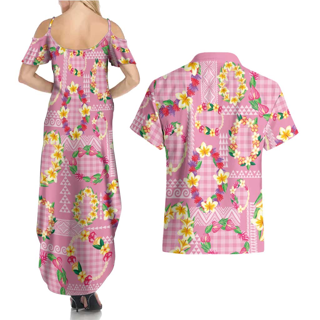Hawaiian Leis Couples Matching Summer Maxi Dress and Hawaiian Shirt Kakau Tattoos and Palaka Pastel Pink Color