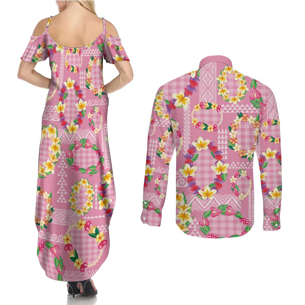 Hawaiian Leis Couples Matching Summer Maxi Dress and Long Sleeve Button Shirt Kakau Tattoos and Palaka Pastel Pink Color