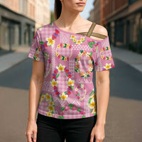 Hawaiian Leis Cross Shoulder Shirt Kakau Tattoos and Palaka Pastel Pink Color LT03 - Polynesian Pride