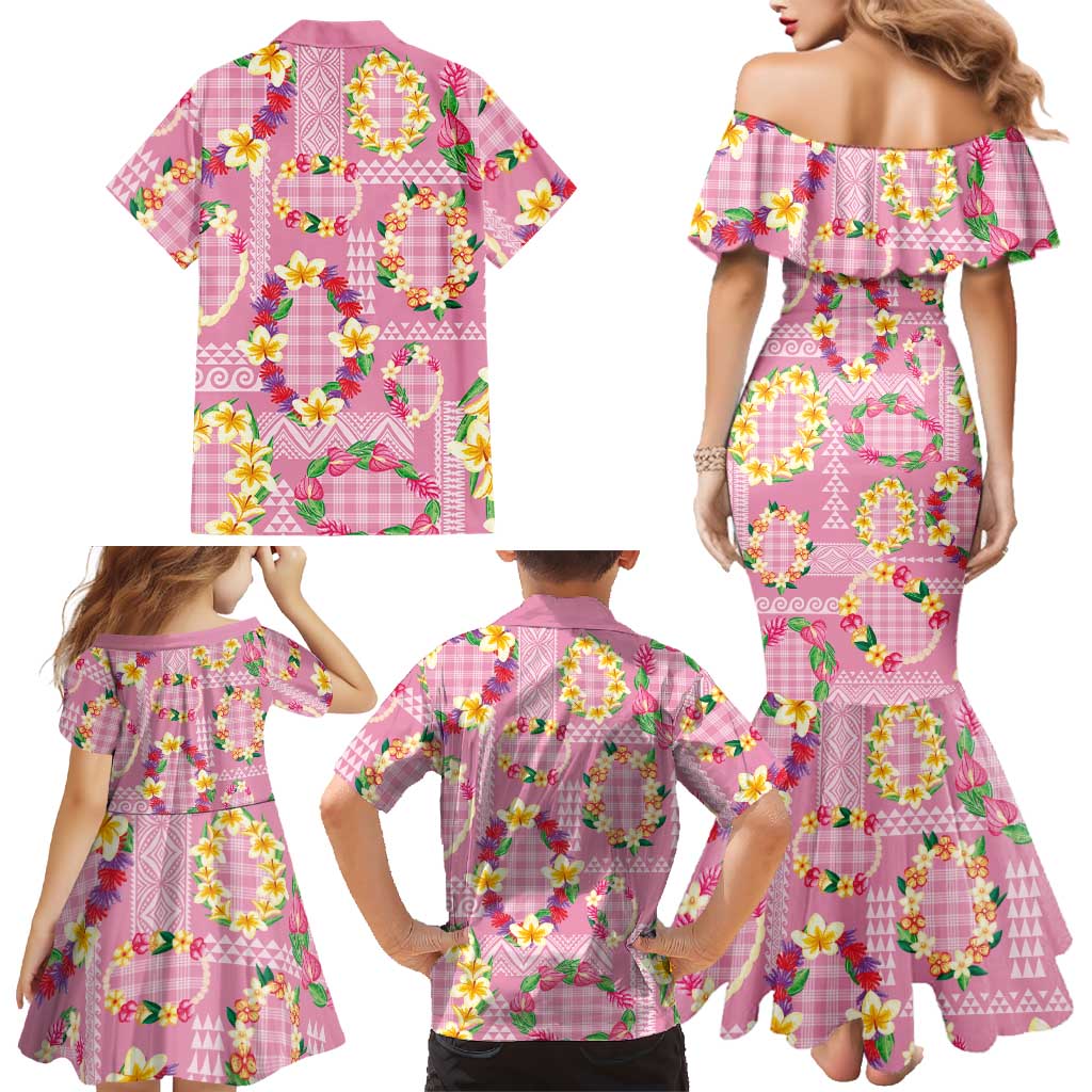 Hawaiian Leis Family Matching Mermaid Dress and Hawaiian Shirt Kakau Tattoos and Palaka Pastel Pink Color