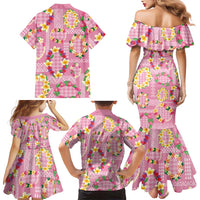 Hawaiian Leis Family Matching Mermaid Dress and Hawaiian Shirt Kakau Tattoos and Palaka Pastel Pink Color