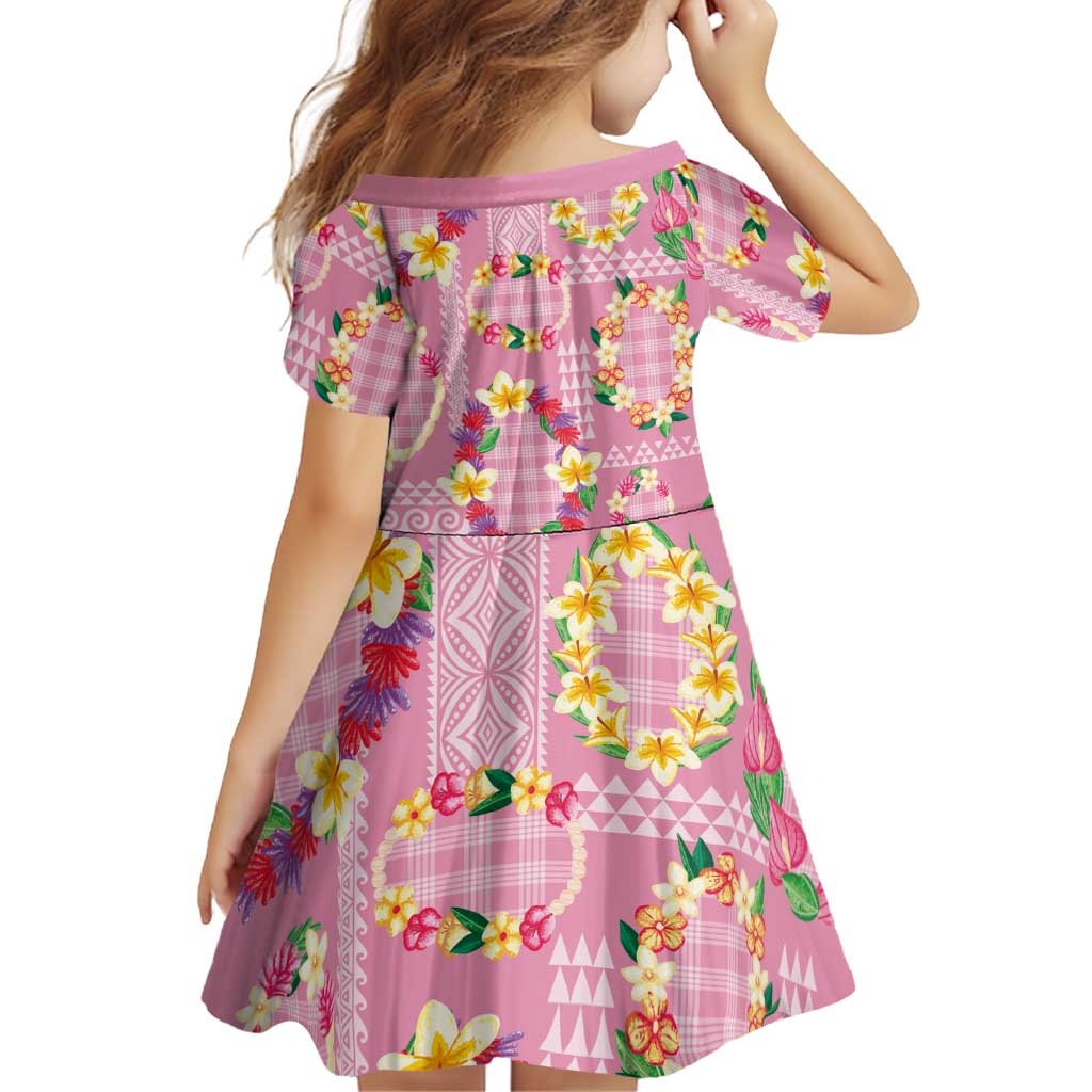 Hawaiian Leis Family Matching Off The Shoulder Long Sleeve Dress and Hawaiian Shirt Kakau Tattoos and Palaka Pastel Pink Color