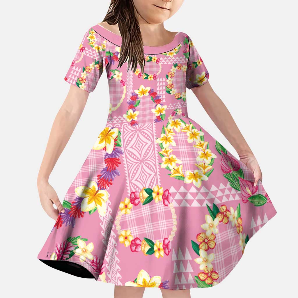 Hawaiian Leis Family Matching Off Shoulder Maxi Dress and Hawaiian Shirt Kakau Tattoos and Palaka Pastel Pink Color