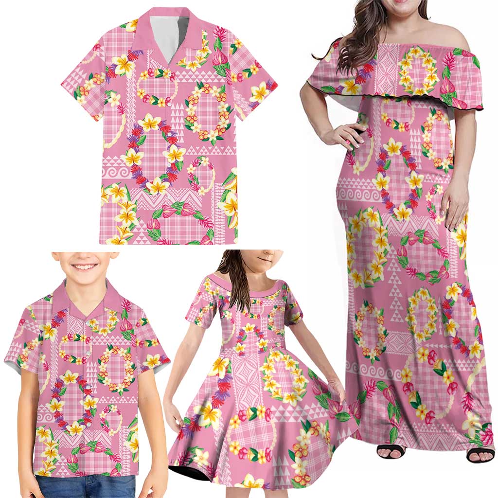 Hawaiian Leis Family Matching Off Shoulder Maxi Dress and Hawaiian Shirt Kakau Tattoos and Palaka Pastel Pink Color LT03 - Polynesian Pride