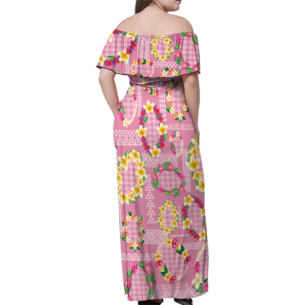 Hawaiian Leis Family Matching Off Shoulder Maxi Dress and Hawaiian Shirt Kakau Tattoos and Palaka Pastel Pink Color