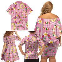 Hawaiian Leis Family Matching Off Shoulder Short Dress and Hawaiian Shirt Kakau Tattoos and Palaka Pastel Pink Color