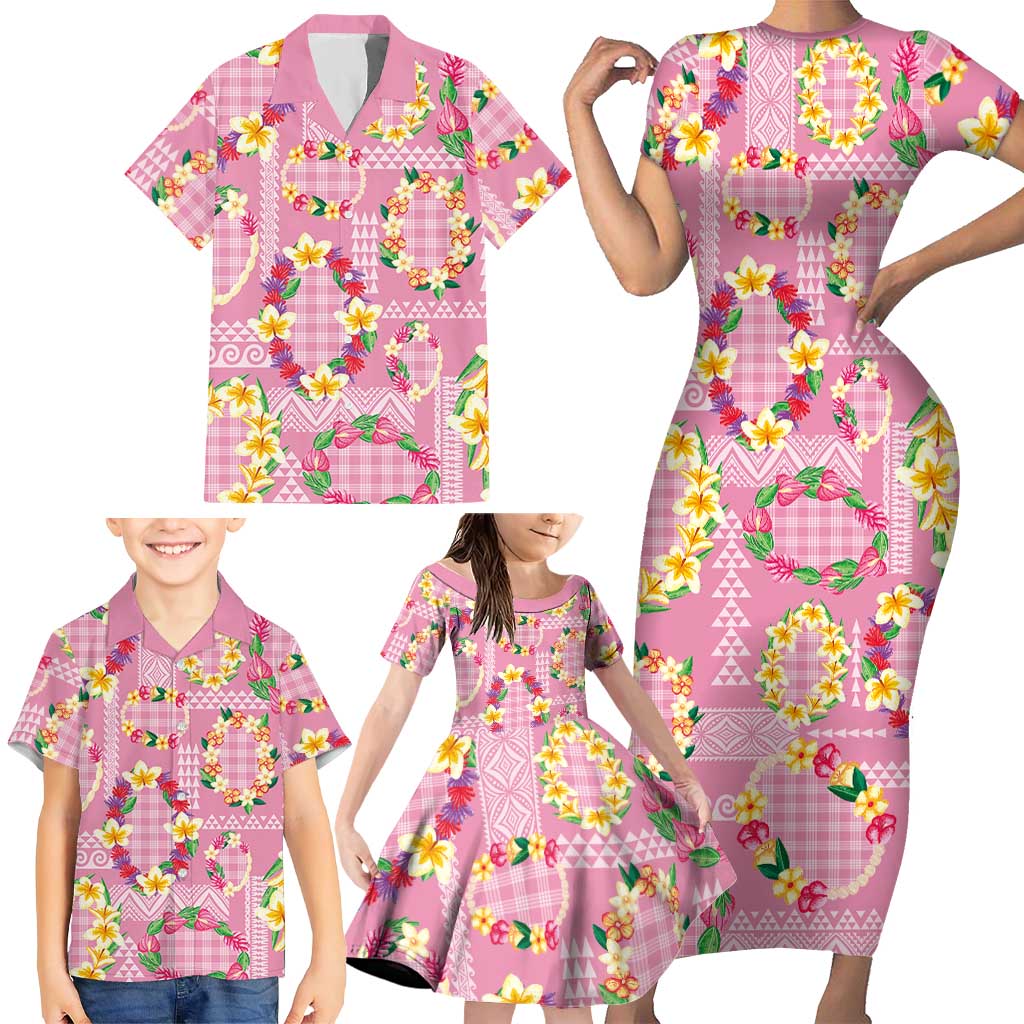 Hawaiian Leis Family Matching Short Sleeve Bodycon Dress and Hawaiian Shirt Kakau Tattoos and Palaka Pastel Pink Color