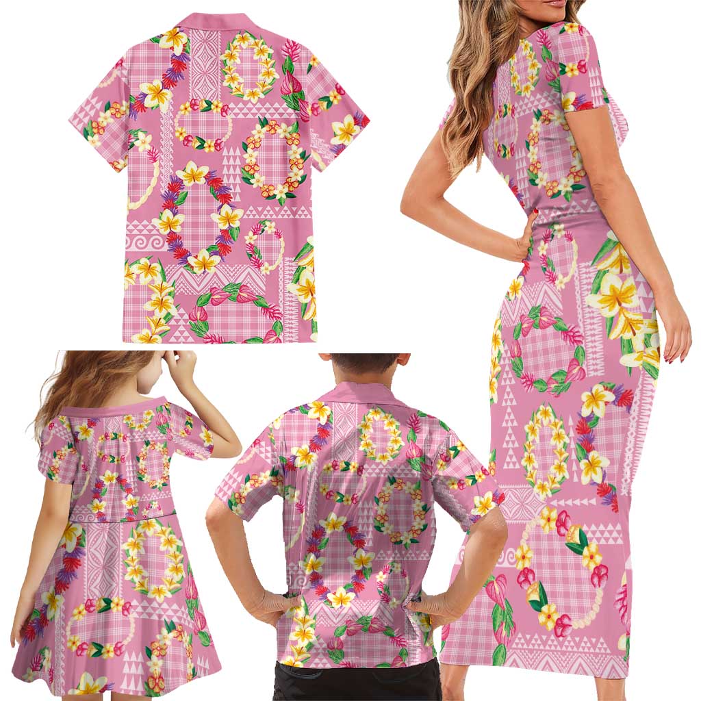 Hawaiian Leis Family Matching Short Sleeve Bodycon Dress and Hawaiian Shirt Kakau Tattoos and Palaka Pastel Pink Color