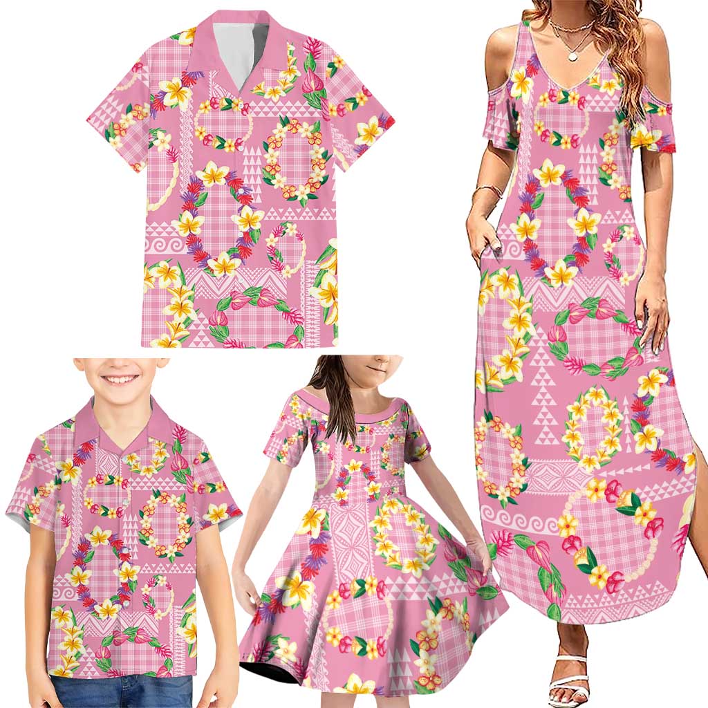 Hawaiian Leis Family Matching Summer Maxi Dress and Hawaiian Shirt Kakau Tattoos and Palaka Pastel Pink Color