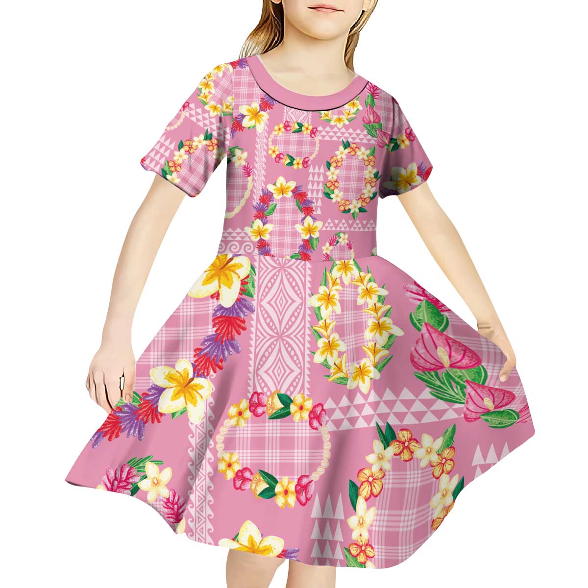 Hawaiian Leis Kid Short Sleeve Dress Kakau Tattoos and Palaka Pastel Pink Color LT03 - Polynesian Pride