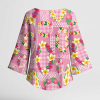 Hawaiian Leis Kimono Sleeve Blouse Kakau Tattoos and Palaka Pastel Pink Color LT03 - Polynesian Pride