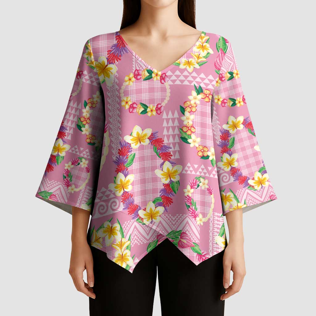 Hawaiian Leis Kimono Sleeve Blouse Kakau Tattoos and Palaka Pastel Pink Color LT03 - Polynesian Pride