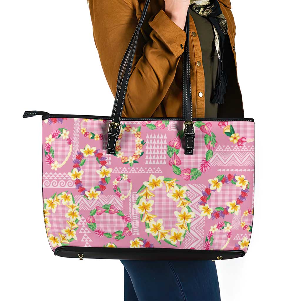 Hawaiian Leis Leather Tote Bag Kakau Tattoos and Palaka Pastel Pink Color LT03 - Polynesian Pride